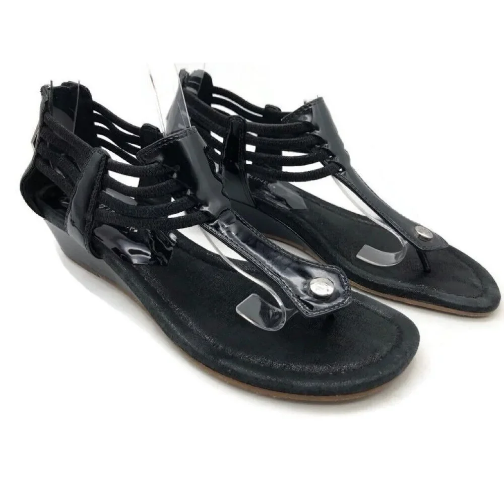 Donald‎ J Pliner Womens Ankle Cuff Sandals Black Thong Wedge Heel Zip Back 7.5 M